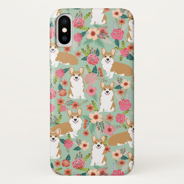 Capas de iphone florais do Corgi - hortelã (Verso)