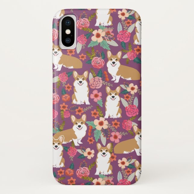Capas de iphone florais do Corgi - roxo (Verso)