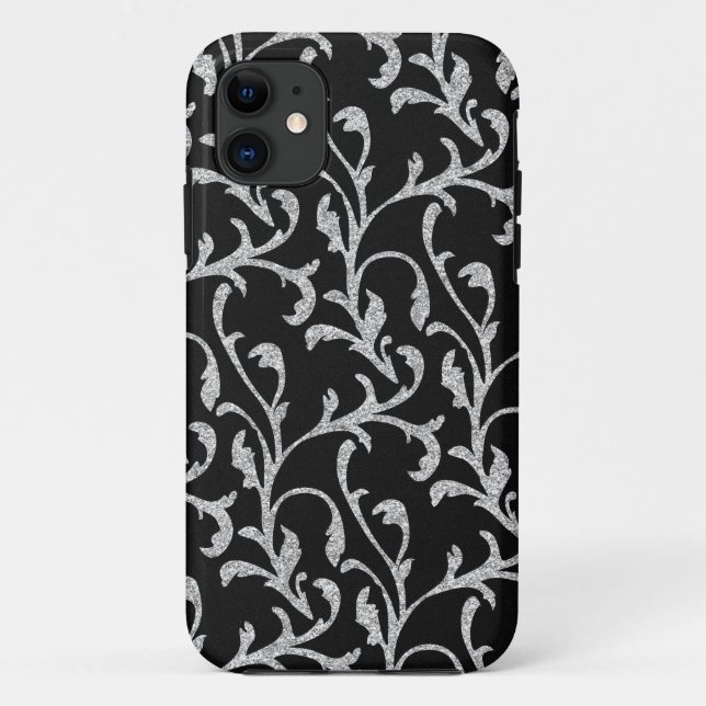 Capas de iphone Floral Negra e Silver Glitter (Verso)