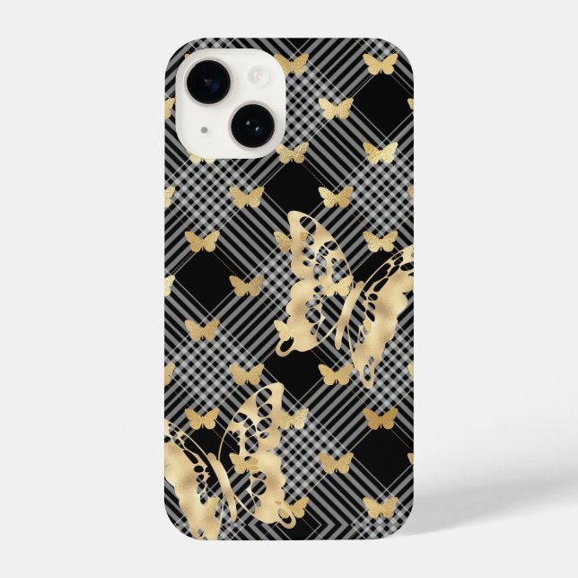 Capas iPhone 14 com borboletas de Ouro preta (Verso)