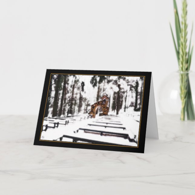 Capela da Floresta num Cartão Brilhante de Neve (Frente)