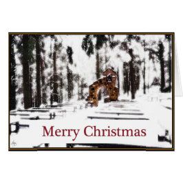 Capela da floresta num cartão de Natal com brilho 