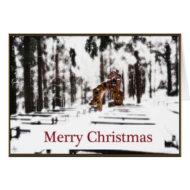 Capela da floresta num cartão de Natal com brilho  (Frente Horizontal)