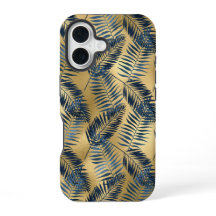 Capinha de iPhone 16 Folha de Palma Azul Dourada