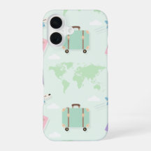 Capinha de iPhone verde pastel com desenho de viag