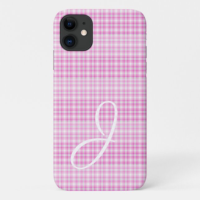 Capinha de iPhone Xadrez Rosa com Monograma (Verso)