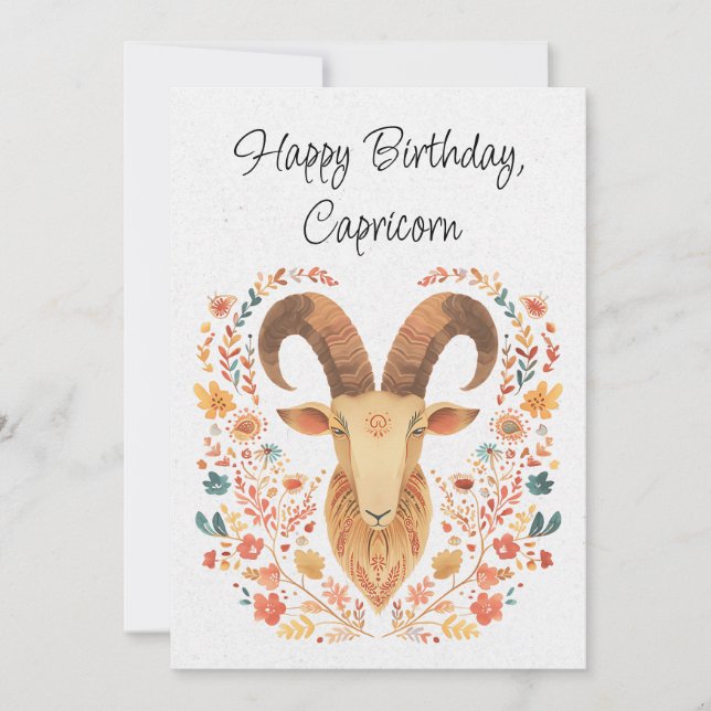 Capricorn Goat Zodiac Boho Cartão Floral de Aniver (Frente)