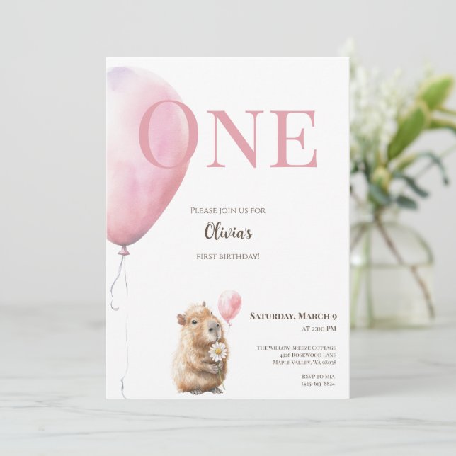 Capybara Birthday Invitation • Pink Balloon (Em pé/Frente)