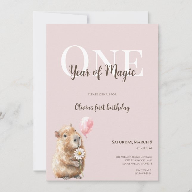Capybara First Birthday Invitation • Woodland Girl (Frente)