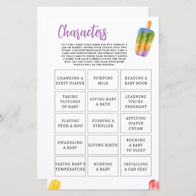 Caracteres de Chá de fraldas de picolé de Verão (Frente/Verso)