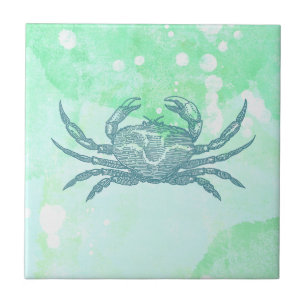 Caranguejo Azul em Azulejo Cerâmico Verde Aquarela