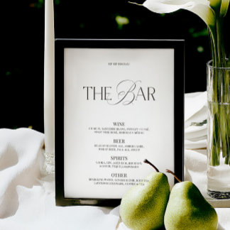 Cardápio de Bar de Casamento Preto e Branco Elegan