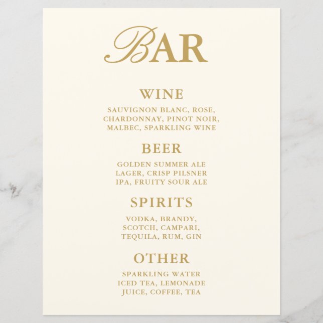 Cardápio de Bar de Mesa de Casamento em Marfim Vin (Frente)