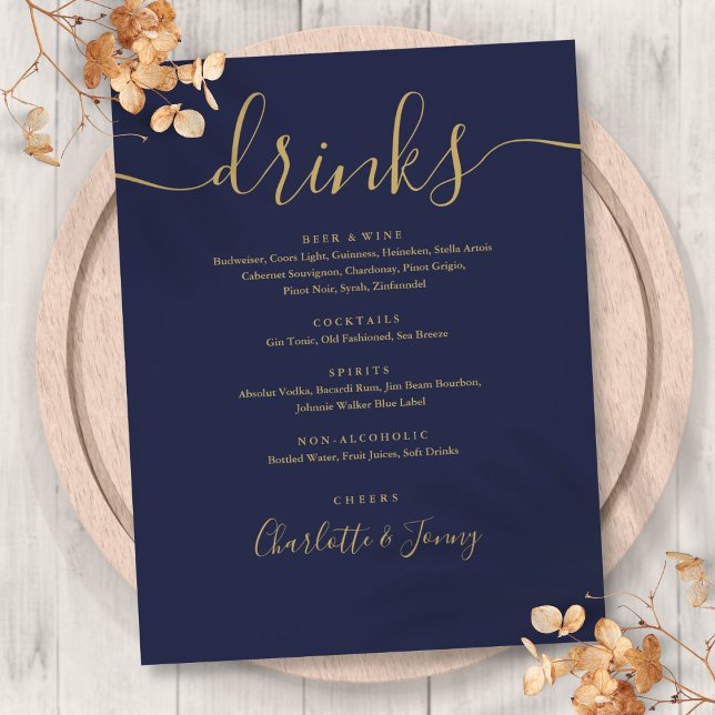 Cardápio de Bebidas de Casamento Azul Marinho Dour (Navy Blue Gold Modern Script Wedding Drinks Menu Flyer)