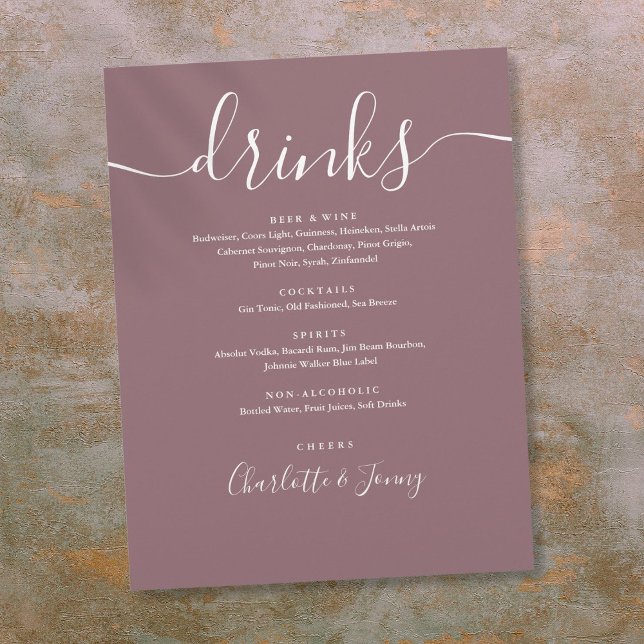 Cardápio de Bebidas de Casamento em Letra Moderna  (Mauve Modern Script Wedding Drinks Menu Flyer)