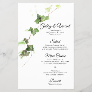 Cardápio de Casamento Aquarela com Folhas de Hera