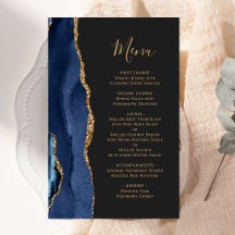 Cardápio de Casamento Azul Escuro com Ágata Dourad