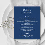Cardápio de Casamento Azul-Marinho Simples e Elega<br><div class="desc">Um pequeno cardápio de jantar azul-marinho em papel acessível e de valor, com suas escolhas de comida em letras brancas elegantes, é perfeito para uma recepção de casamento moderna, jantar de ensaio de casamento, festa de aniversário ou qualquer evento especial com jantar sentado. * Mede 11, 4 cm x 14,...</div>