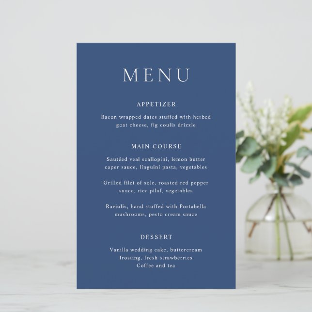 Cardápio de casamento azul navy clássico e elegant (Em pé/Frente)