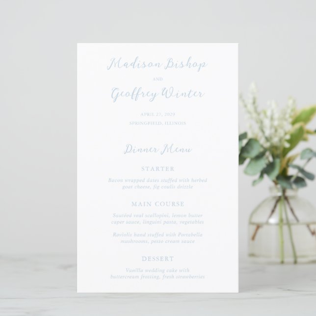 Cardápio de Casamento Azul Pó Script Negrito Elega (Em pé/Frente)