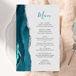 Cardápio de Casamento Azul Teal Prata Agata Cinza