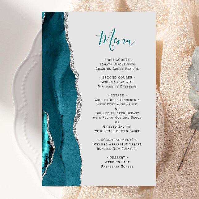 Cardápio de Casamento Azul Teal Prata Agata Cinza  (Criador carregado)