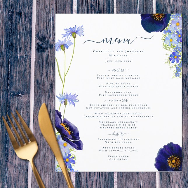 Cardápio de Casamento Boho Azul de Flores Silvestr (Unique Wildflower blue boho personalized wedding menu for day of the wedding or rehearsal dinner)