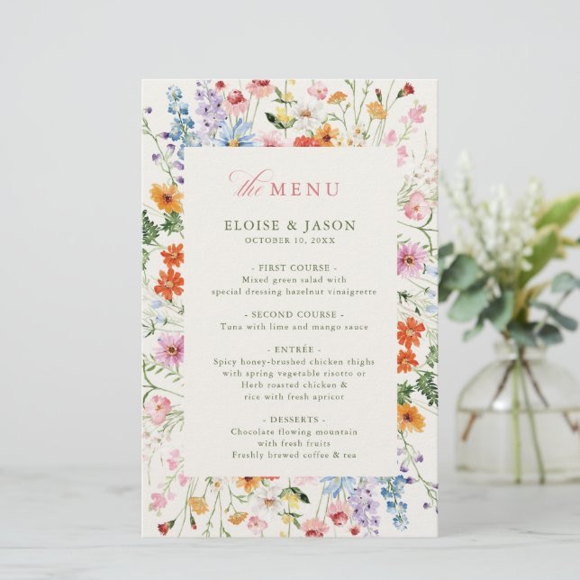 Cardápio de casamento Boho de jardim de prado de f (Em pé/Frente)