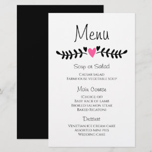 Cardápio de Casamento Boho Pink Hearts Preto Branc
