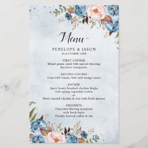 Cardápio de casamento botânico Boho em azul empoei