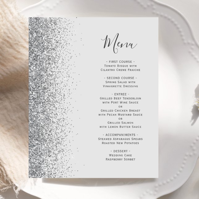 Cardápio de Casamento Brilho Prata Cinza Pálido Or (Criador carregado)