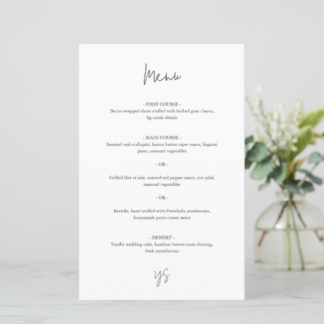 Cardápio de Casamento Chic Moderno Preto e Branco (Em pé/Frente)