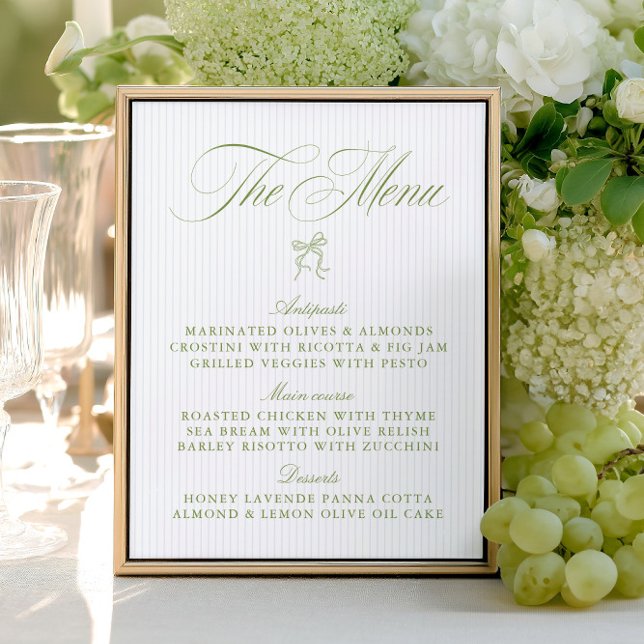 Cardápio de Casamento Clássico com Listras em Verd (Classic Sage Green & Blue Striped Wedding Menu)