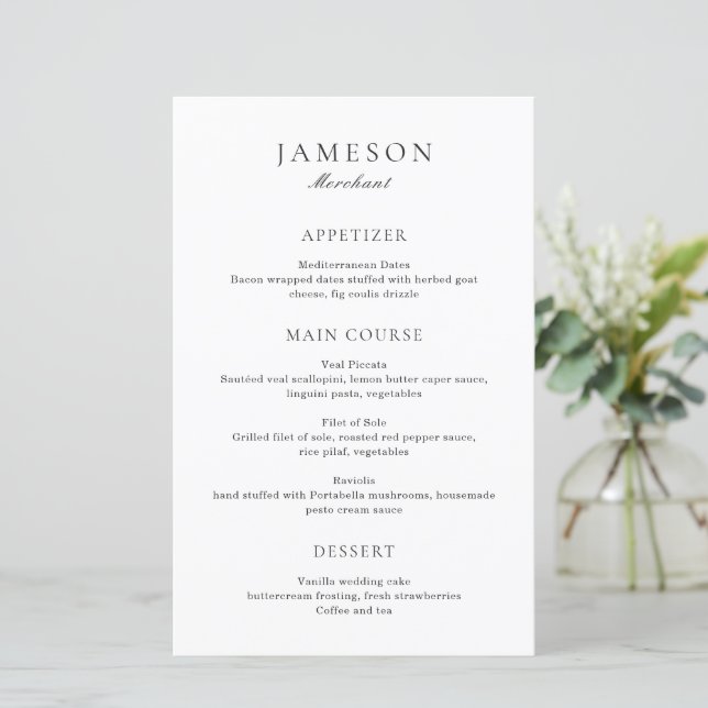 Cardápio de Casamento Clássico Preto e Branco Eleg (Em pé/Frente)