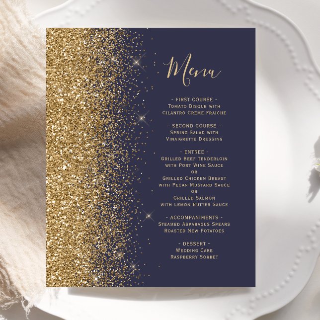 Cardápio de Casamento com Brilho Dourado Azul Escu (Criador carregado)