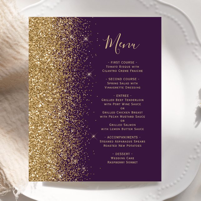 Cardápio de Casamento com Brilho Dourado Roxo Orça (Criador carregado)