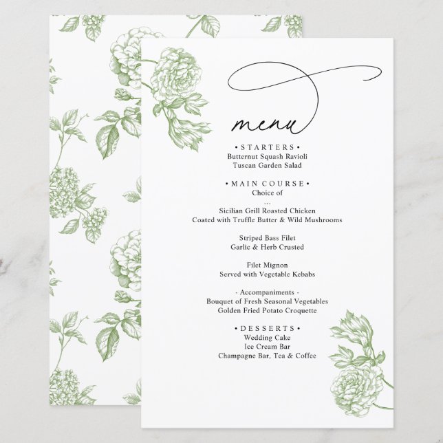 Cardápio de Casamento com Letra Moderna Floral Ver (Frente/Verso)