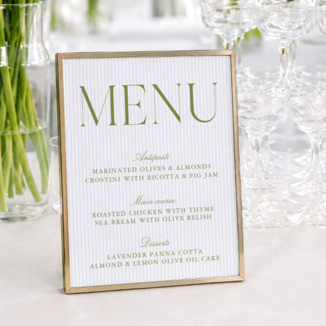 Cardápio de Casamento com Listras Modernas em Verd (Modern Sage Green & Blue Stripes Wedding Menu)