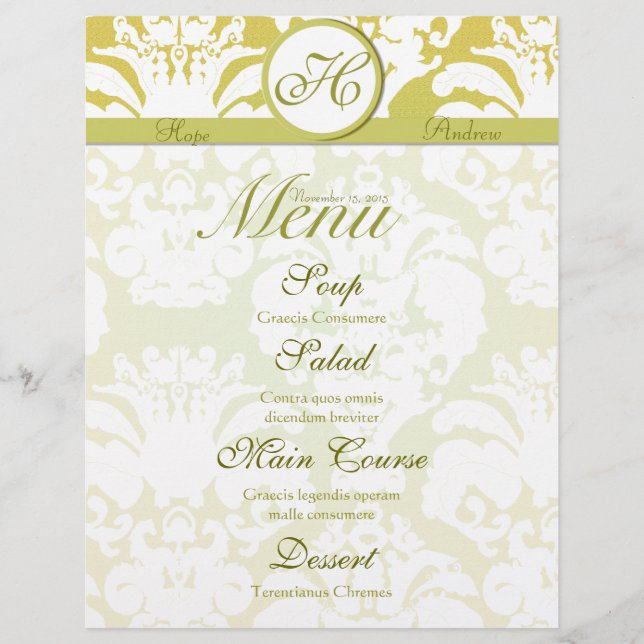Cardápio de Casamento com Monograma em Damasco Lim (Frente)