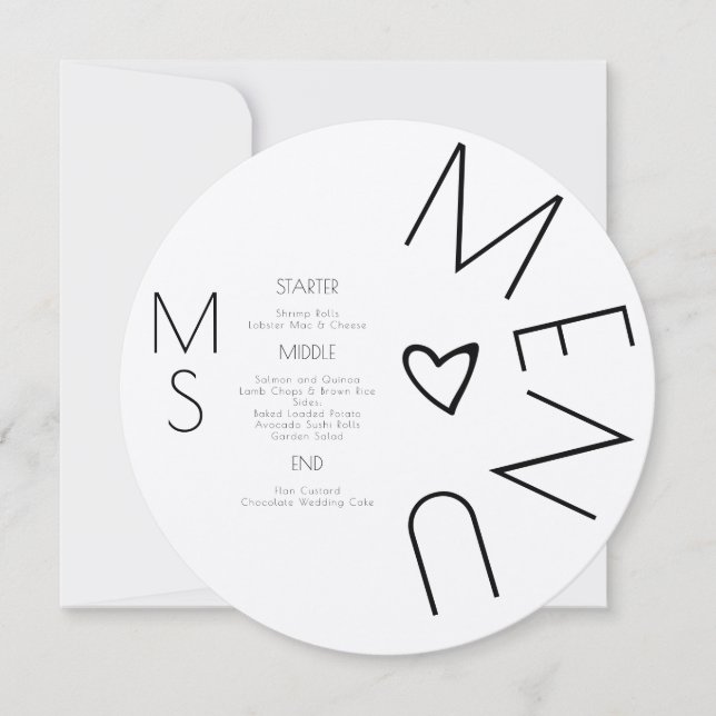 Cardápio de Casamento Coração Preto Monogramado (Frente)