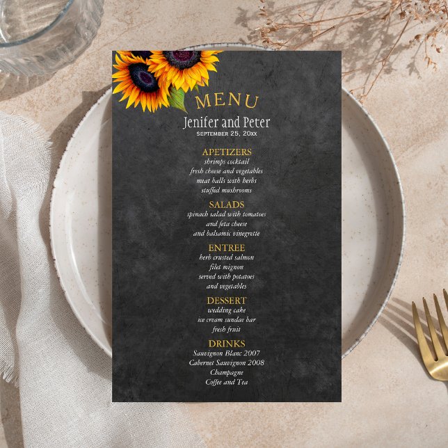 cardápio de casamento econômico com girassóis rúst (Criador carregado)