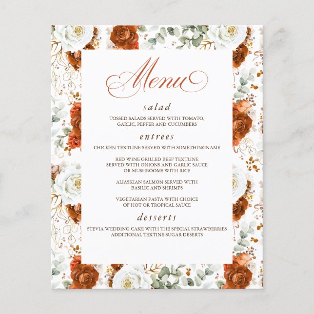Cardápio de casamento elegante com flores de terra (Frente)