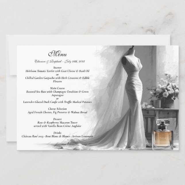 Cardápio de Casamento Esboço Romântico com Perfume (Frente)