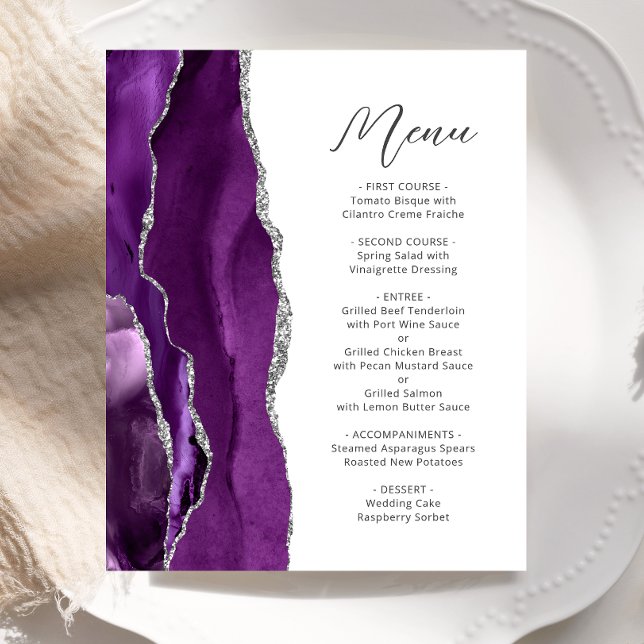 Cardápio de Casamento Escrito em Roxo Prata Ágata  (Criador carregado)