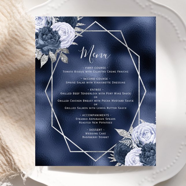 Cardápio de Casamento Floral Azul Poeirento Prata  (Criador carregado)