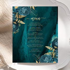 Cardápio de Casamento Floral Azul Teal Dourado Eco