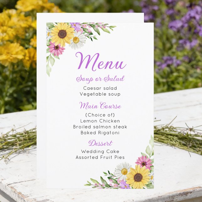 Cardápio de casamento floral com girassóis e marga (Criador carregado)