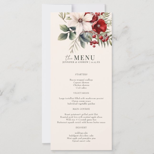 Cardápio de Casamento Floral de Inverno de Natal E (Frente)