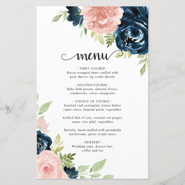 Cardápio de casamento floral rosa corado azul mari (Frente)