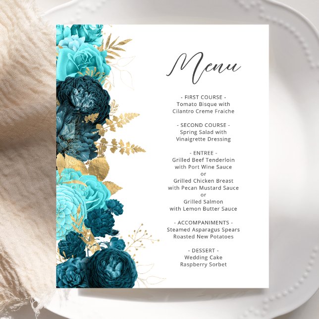 Cardápio de Casamento Floral Script Dourado Aqua T (Criador carregado)